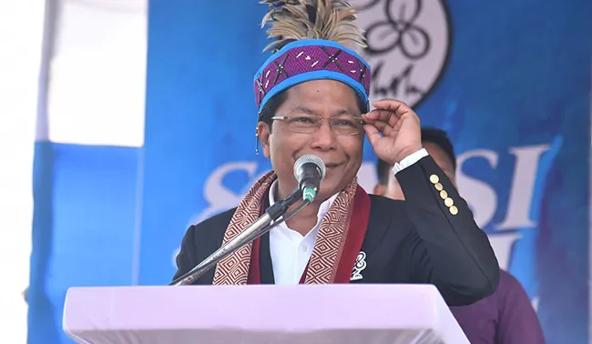 Mukul Sangma addressing a rally in Meghalaya